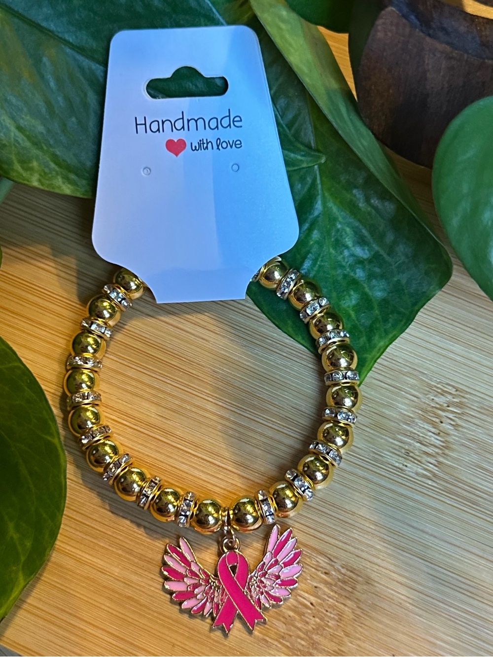 🎀 Breast Cancer Awareness Stretchy Beaded Bracelet | Handmade | Dangle Charm 🎀
